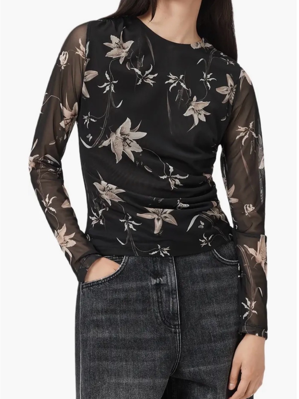 All Saints Caia Floral Mesh Long-Sleeve Top in Black US 6